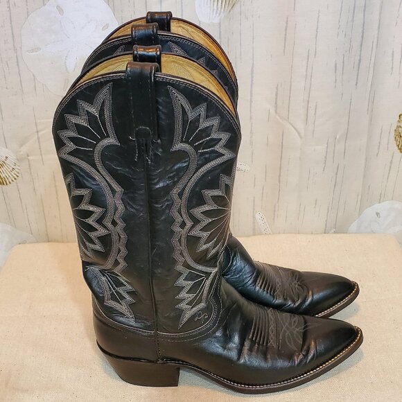 VINTAGE DAN POST BLACK LEATHER WESTERN DRESS BOOTS SIZE 9.5 D MADE IN USA - Picture 2 of 11